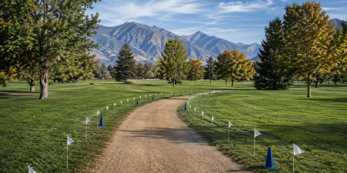 Original editorial illustration of an empty cross-country course winding through a mountain-backed park.
