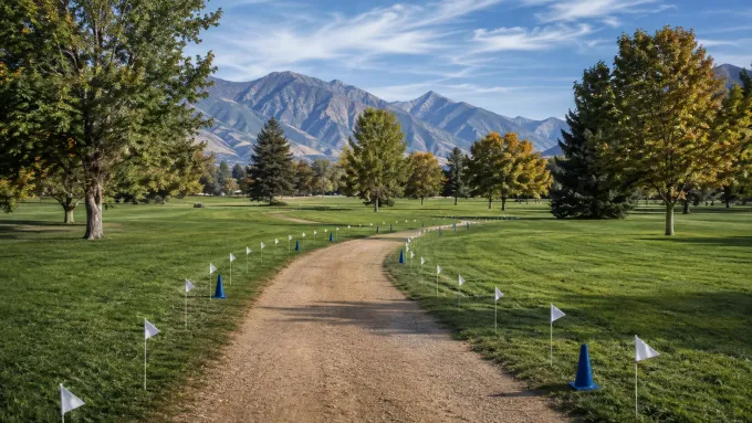 Original editorial illustration of an empty cross-country course winding through a mountain-backed park.