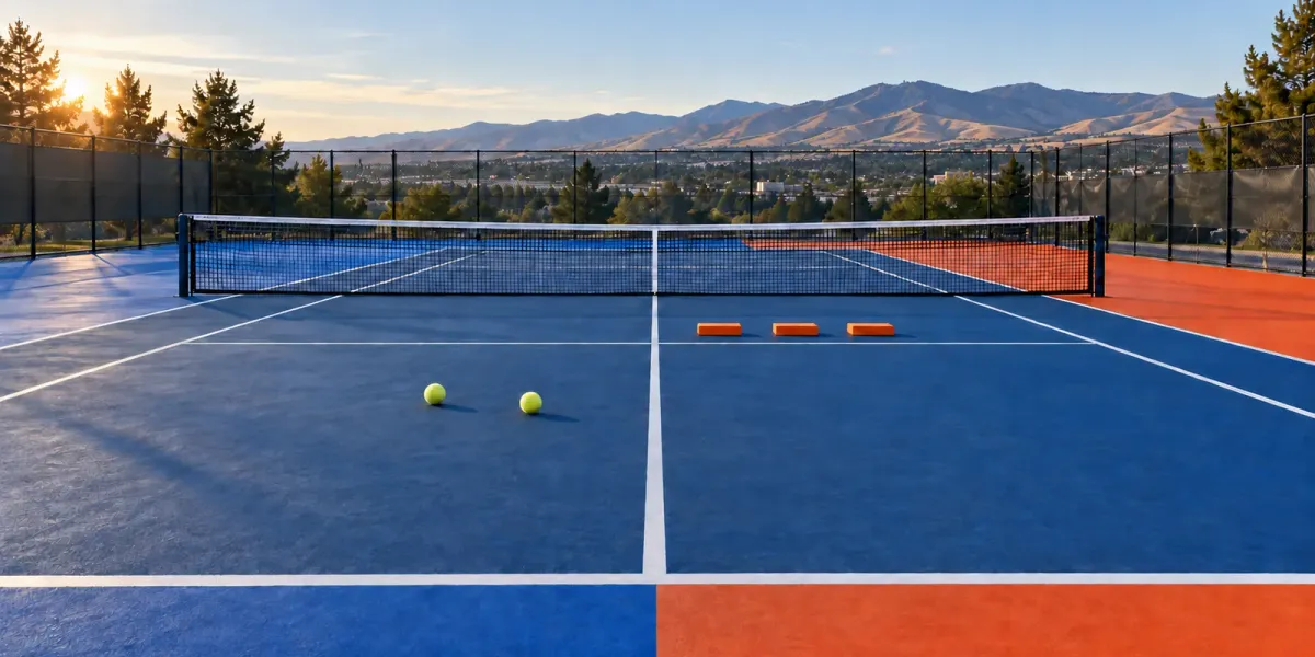 Original editorial image of two tennis balls on a royal and navy court facing three orange markers on a blue and orange court in Boise.