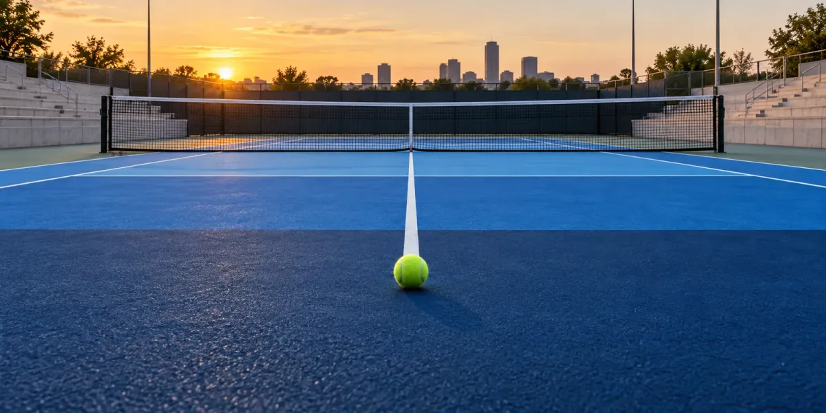 Original editorial image of one tennis ball on an empty royal-blue and navy hard court at sunrise.