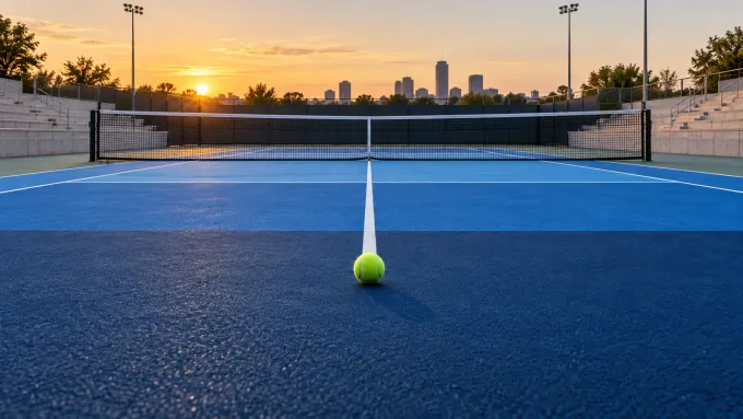 Original editorial image of one tennis ball on an empty royal-blue and navy hard court at sunrise.