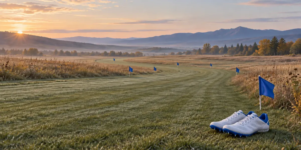 Original editorial image of an empty grass cross-country course marked by seven blue flags, with unbranded racing shoes in the foreground.