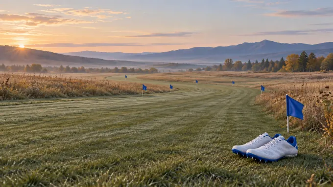 Original editorial image of an empty grass cross-country course marked by seven blue flags, with unbranded racing shoes in the foreground.