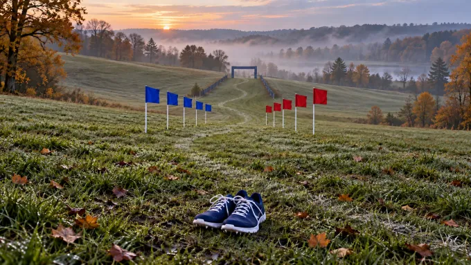 Original editorial image of a frosty cross-country course with five blue flags opposite five red flags and unbranded racing shoes in the foreground.