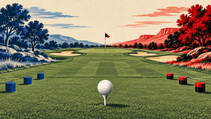 Original editorial illustration of an empty golf course split between BYU blue and Texas Tech scarlet and black.
