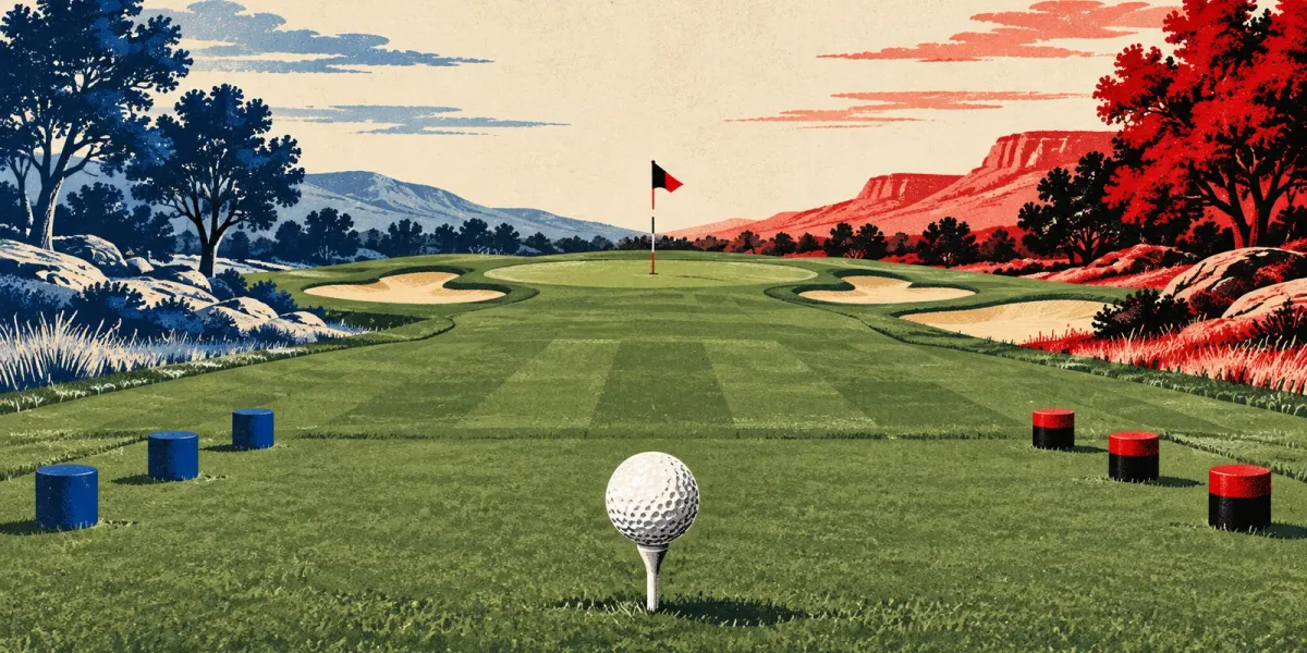 Original editorial illustration of an empty golf course split between BYU blue and Texas Tech scarlet and black.