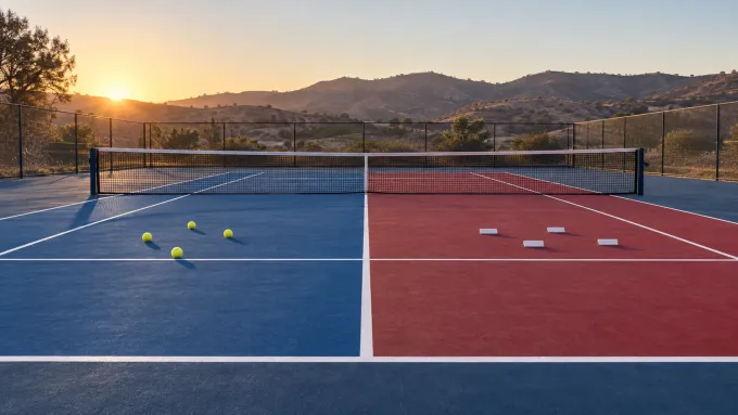 Original editorial image of four tennis balls on the blue half of an empty court facing a red and blue half at sunrise.