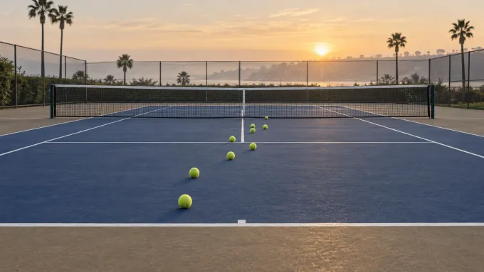 Original editorial image of nine tennis balls arranged across an empty royal-blue and navy hard court at sunrise.