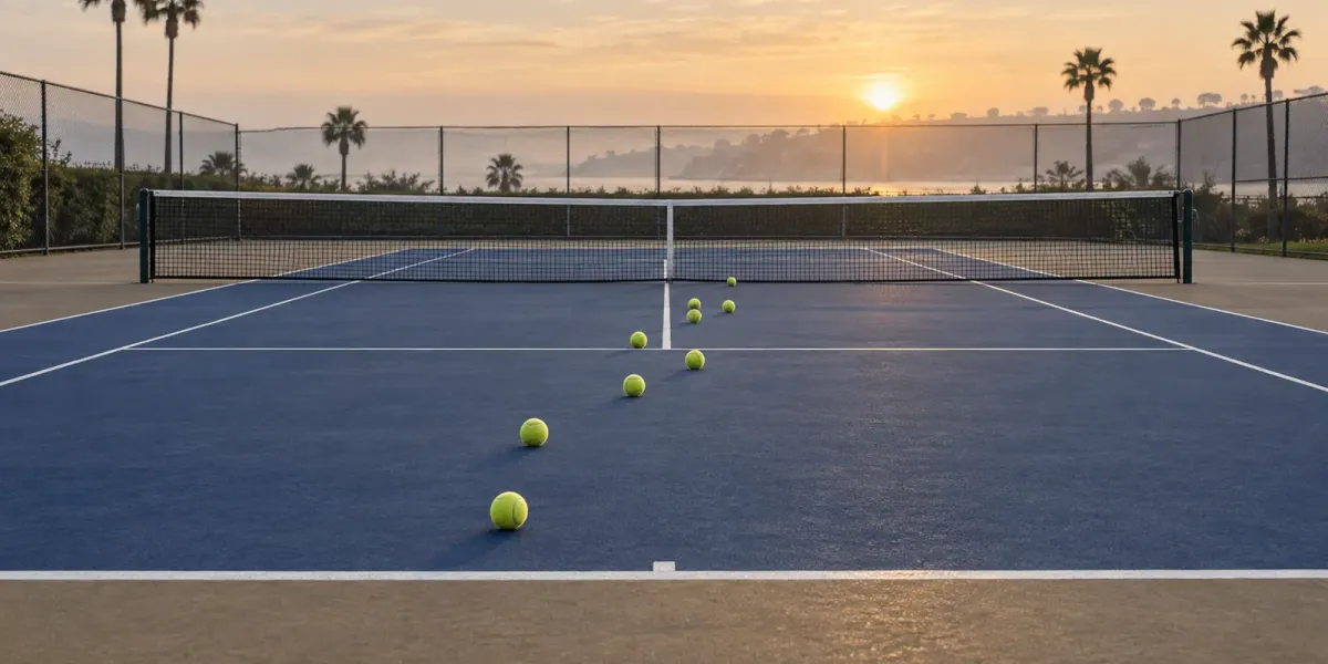 Original editorial image of nine tennis balls arranged across an empty royal-blue and navy hard court at sunrise.