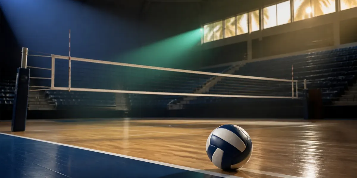 Original editorial illustration of one volleyball on an empty indoor court lit by two beams.