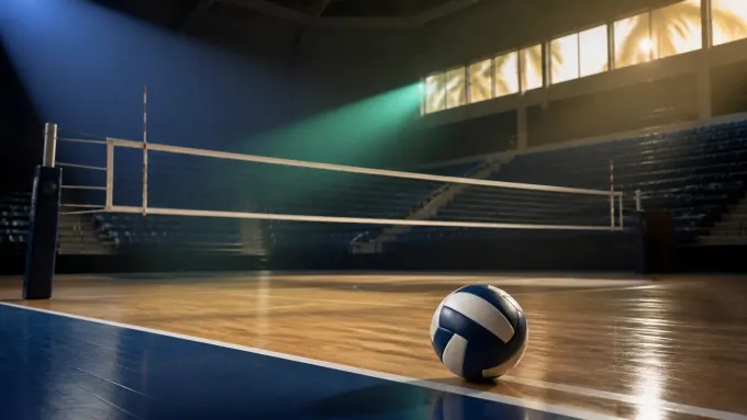 Original editorial illustration of one volleyball on an empty indoor court lit by two beams.