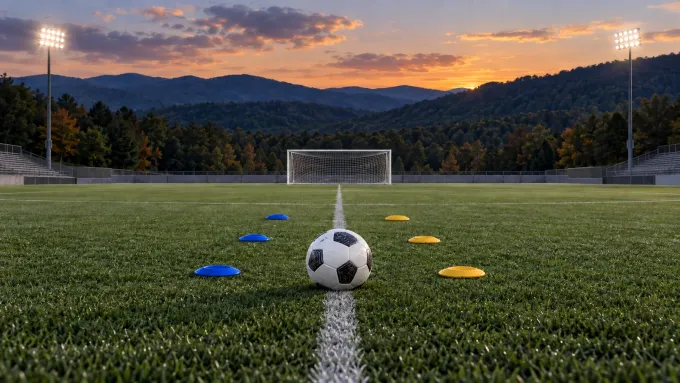 Original editorial image of one soccer ball before an empty Appalachian stadium goal, with three BYU-blue markers facing three West Virginia-gold markers.