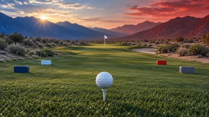 Original editorial image of an empty high-desert golf course split between BYU blue and New Mexico cherry, silver and charcoal.