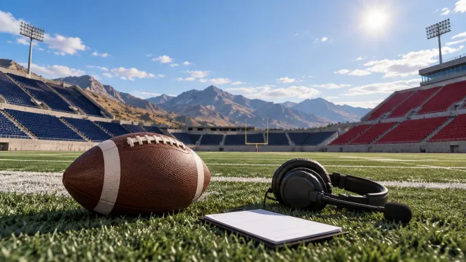 Original editorial illustration of one football, a blank play card and a broadcast headset on an empty mountain stadium sideline.