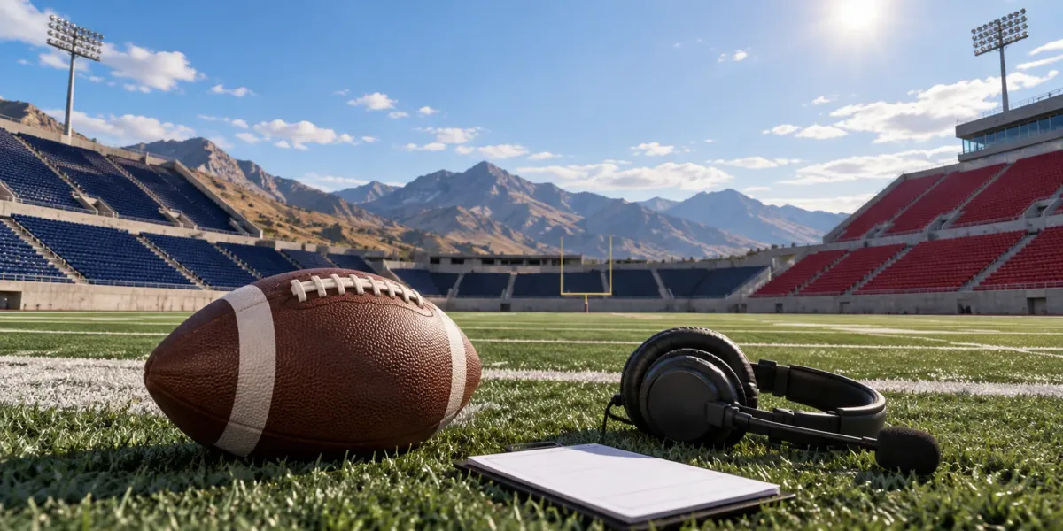 Original editorial illustration of one football, a blank play card and a broadcast headset on an empty mountain stadium sideline.