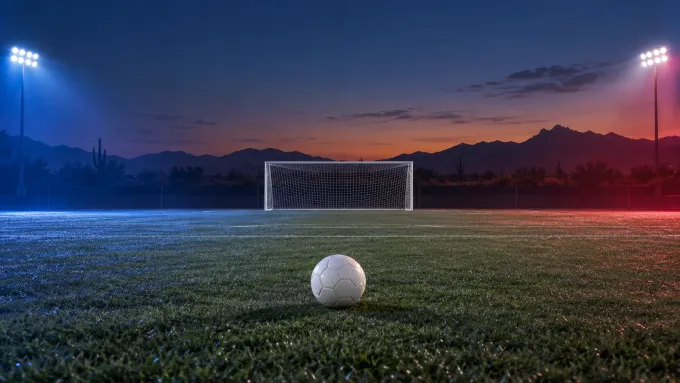 Original editorial image of one soccer ball on an empty field split between BYU blue and Arizona red beneath a desert dusk sky.