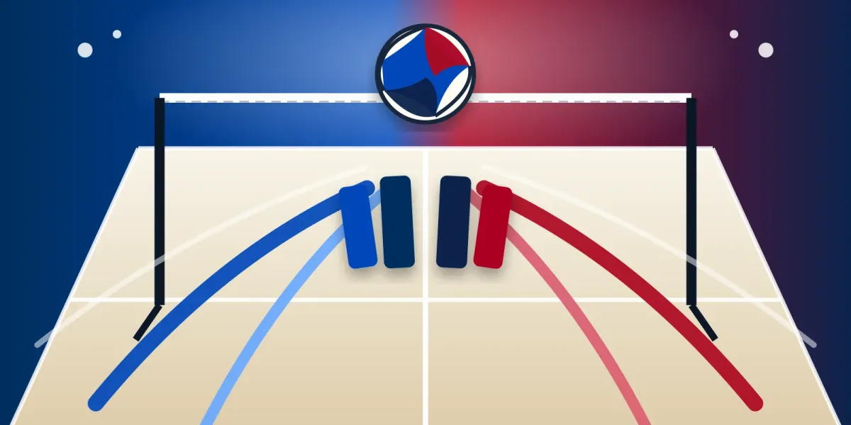 Original editorial image of an empty volleyball court split between BYU blue and Arizona red and blue, with attack lanes meeting at the net.