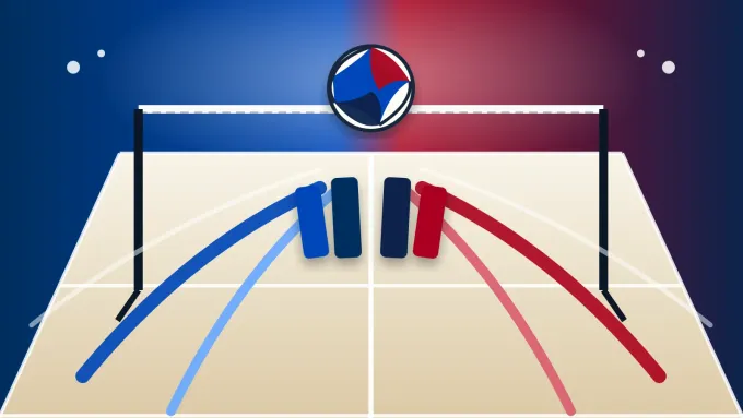 Original editorial image of an empty volleyball court split between BYU blue and Arizona red and blue, with attack lanes meeting at the net.
