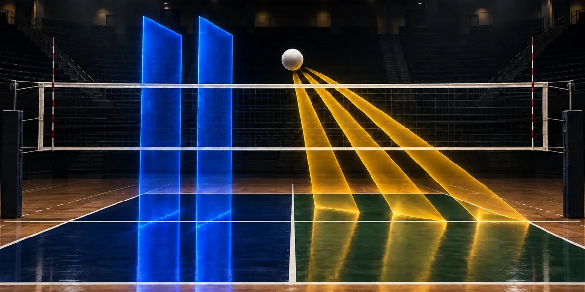 Original editorial image of an empty volleyball court split between BYU royal blue and Baylor green and gold, with two blue block planes facing three gold attack lanes.