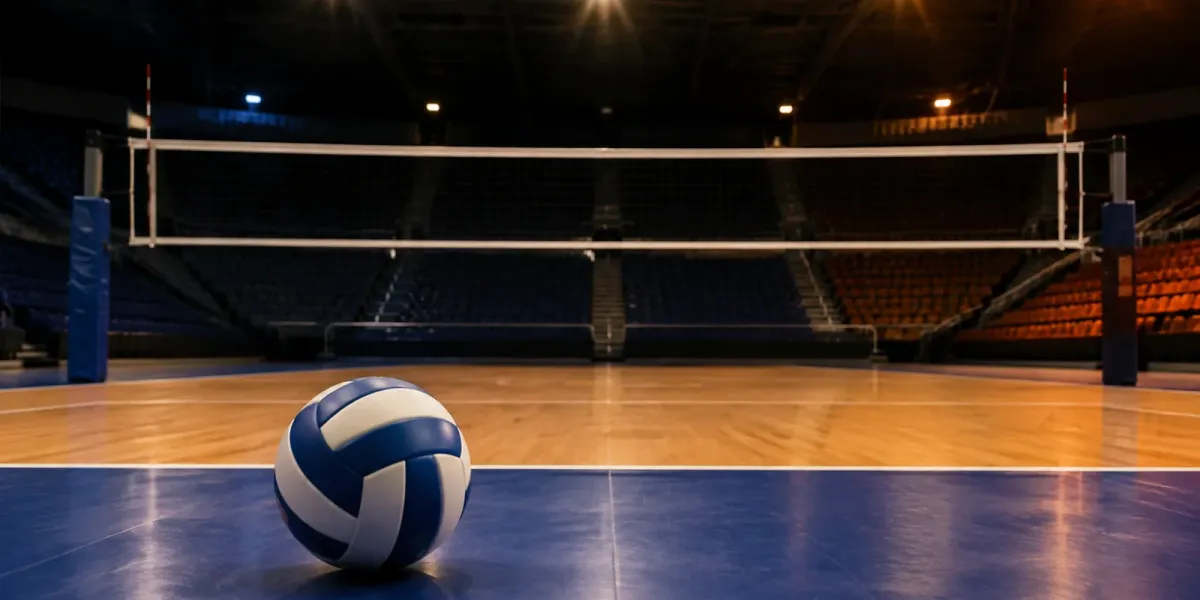 Original editorial illustration of one blue-and-white volleyball on an empty road arena court beneath a net.