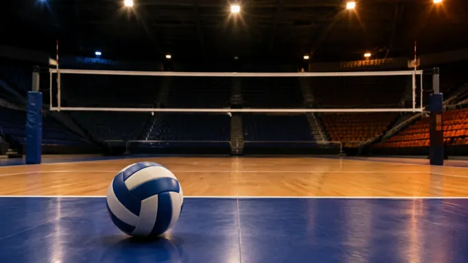 Original editorial illustration of one blue-and-white volleyball on an empty road arena court beneath a net.