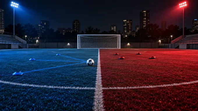 Original editorial image of one soccer ball and an empty goal on a field split between BYU blue and Cincinnati red and black.