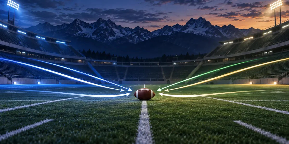 Original editorial illustration of one football on an empty mountain field split between BYU blue and Colorado State green and gold.
