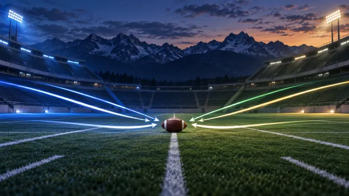 Original editorial illustration of one football on an empty mountain field split between BYU blue and Colorado State green and gold.