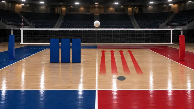 Original editorial image of an empty volleyball court split between BYU blue and Houston red, with three blue blocking pads facing four red attack paths.