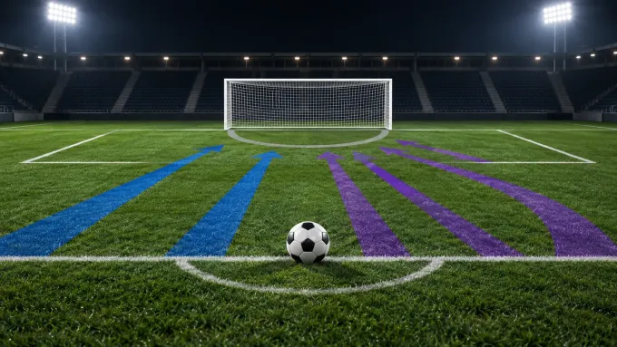Original editorial image of one soccer ball before an empty goal, with two BYU-blue pressure lanes facing four Kansas State-purple shot paths.