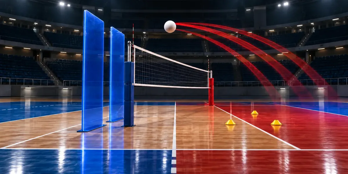 Original editorial image of an empty volleyball court split between BYU blue and Kansas crimson, with two blue blocking planes facing three red attack paths.