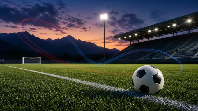 Original editorial illustration of one soccer ball beside a touchline on an empty mountain-backed field at twilight.