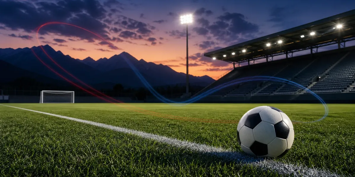 Original editorial illustration of one soccer ball beside a touchline on an empty mountain-backed field at twilight.