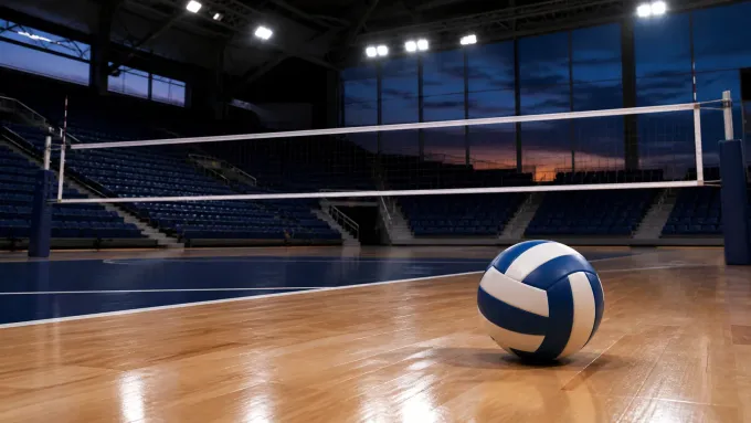 Original editorial illustration of one blue-and-white volleyball on an empty indoor court beneath a net.