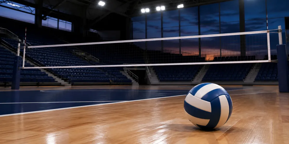 Original editorial illustration of one blue-and-white volleyball on an empty indoor court beneath a net.