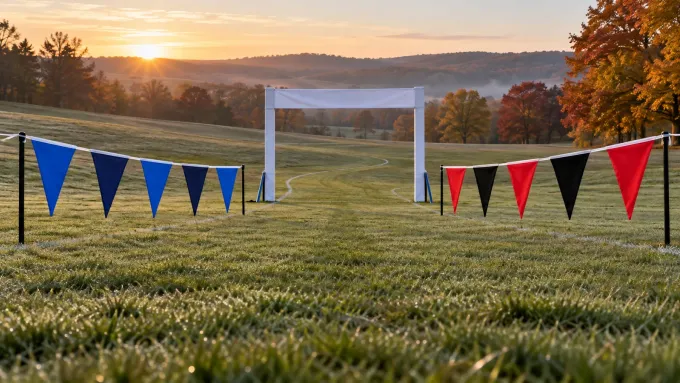 Original editorial image of an empty cross-country course with five BYU-blue pennants facing five NC State-red and black pennants across a finish gate.