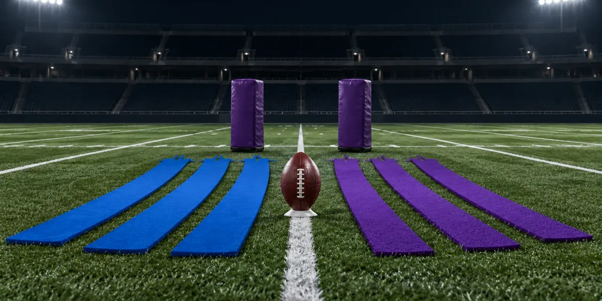 Original editorial illustration of three BYU-blue rushing lanes opposite three TCU-purple passing lanes and two purple pads around one football on an empty field.