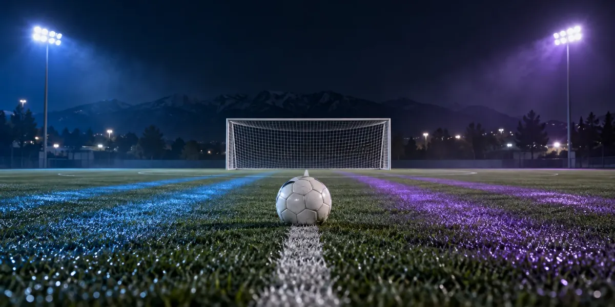 Original editorial image of one soccer ball before an empty goal on a night field split between BYU blue and TCU purple.