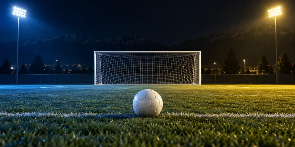 Original editorial image of one soccer ball facing an empty goal on a night field split between BYU blue and UCF black and gold.