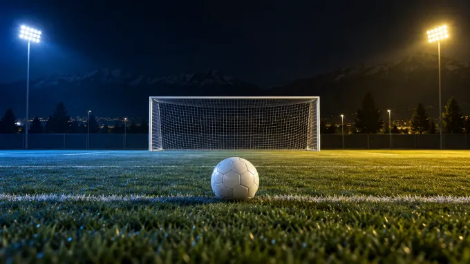 Original editorial image of one soccer ball facing an empty goal on a night field split between BYU blue and UCF black and gold.