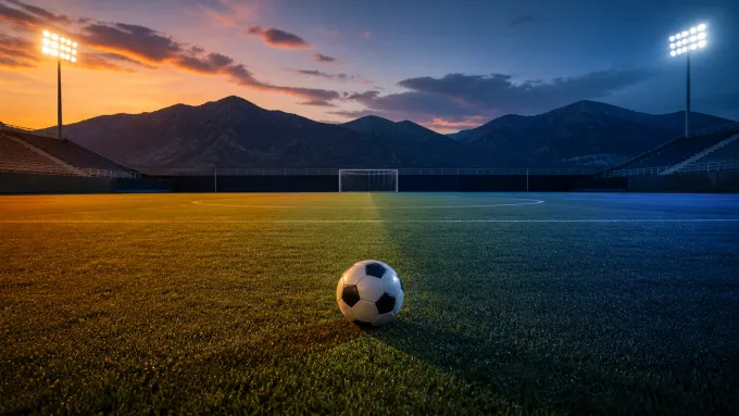 Original editorial illustration of one soccer ball on an empty mountain-backed field under warm and cool stadium lights.