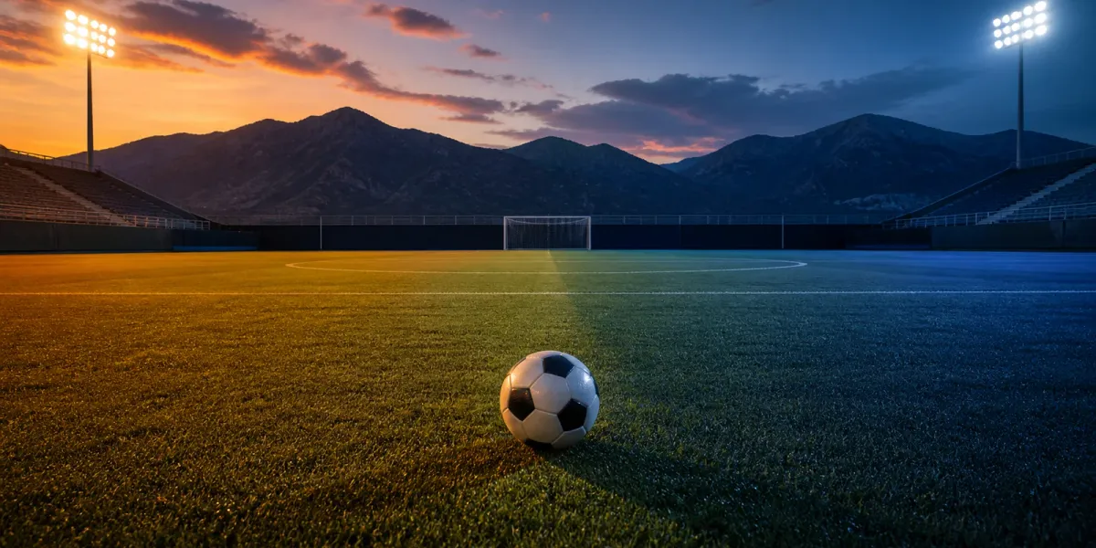 Original editorial illustration of one soccer ball on an empty mountain-backed field under warm and cool stadium lights.