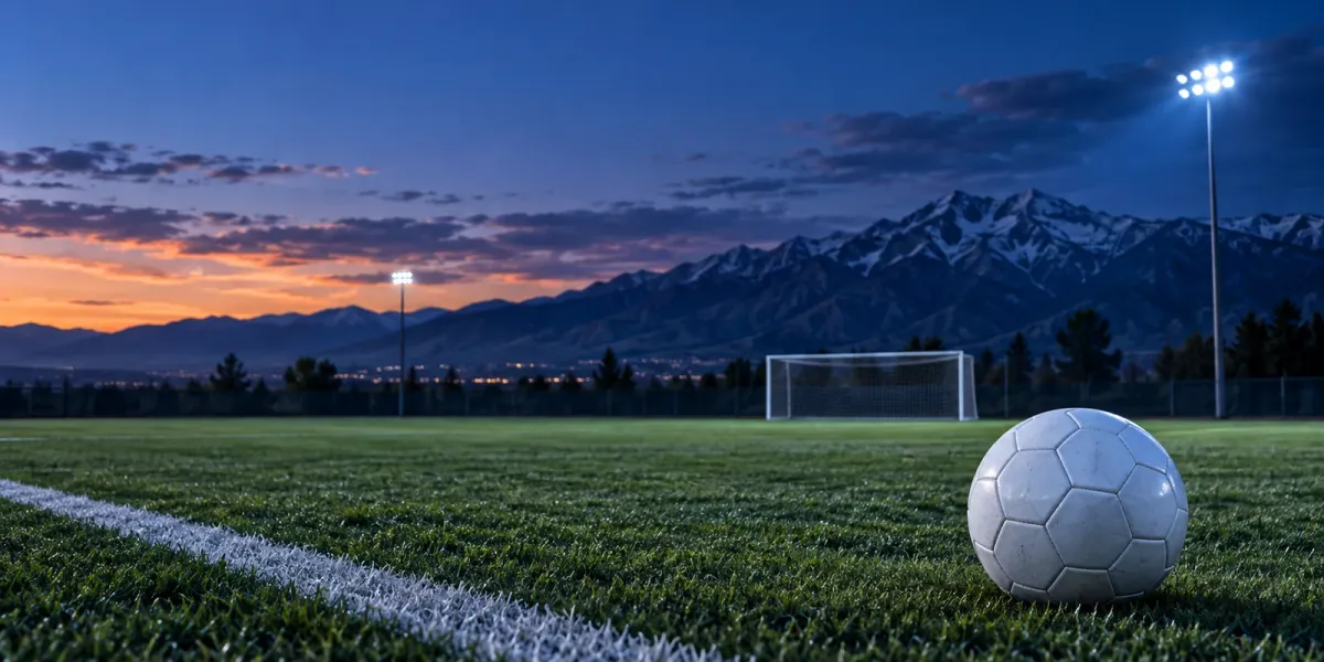 Original editorial illustration of one soccer ball on an empty mountain field at blue hour.
