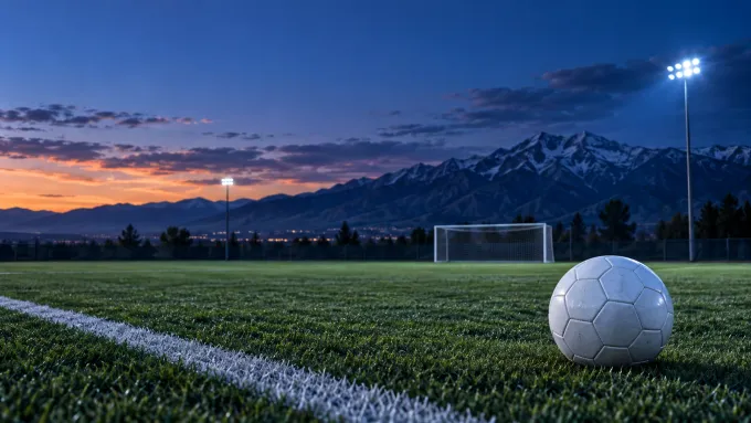 Original editorial illustration of one soccer ball on an empty mountain field at blue hour.