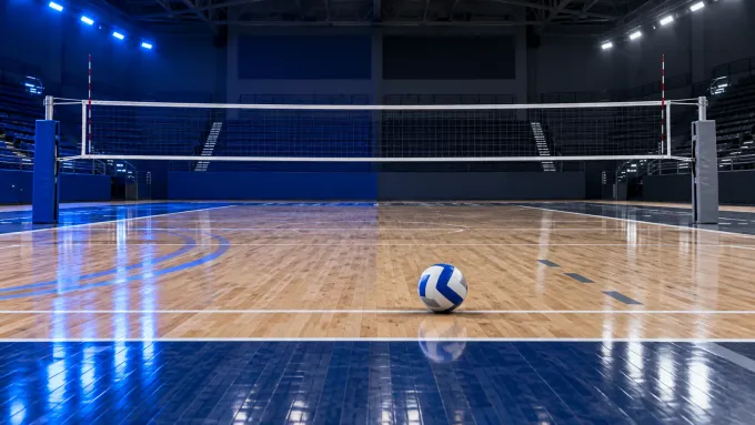 Original editorial image of one volleyball on an empty court split between bright BYU royal blue and Utah State dark navy and gray.