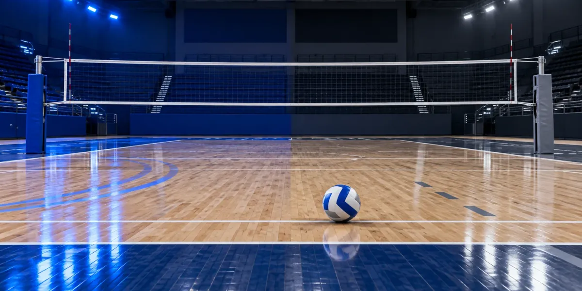 Original editorial image of one volleyball on an empty court split between bright BYU royal blue and Utah State dark navy and gray.