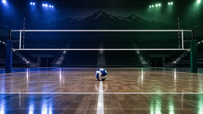 Original editorial illustration of one volleyball beneath a net on an empty court split between navy-blue and dark-green lighting.
