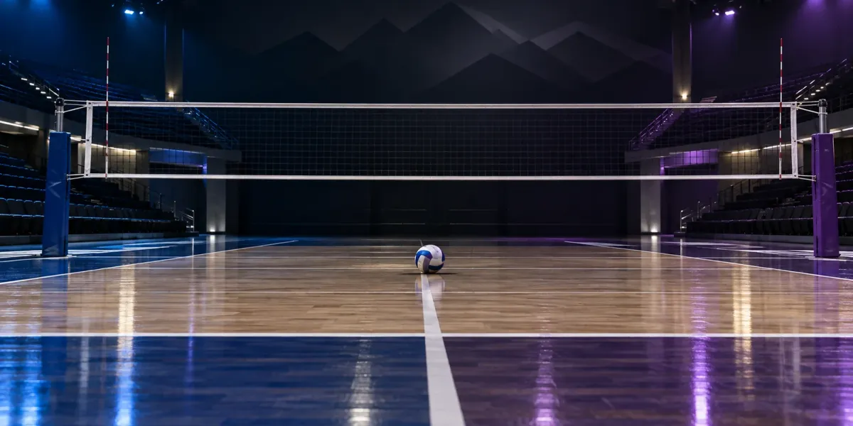Original editorial image of one volleyball on an empty court split between BYU blue and Weber State purple beneath a net.