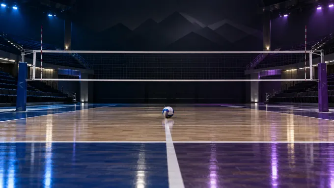 Original editorial image of one volleyball on an empty court split between BYU blue and Weber State purple beneath a net.