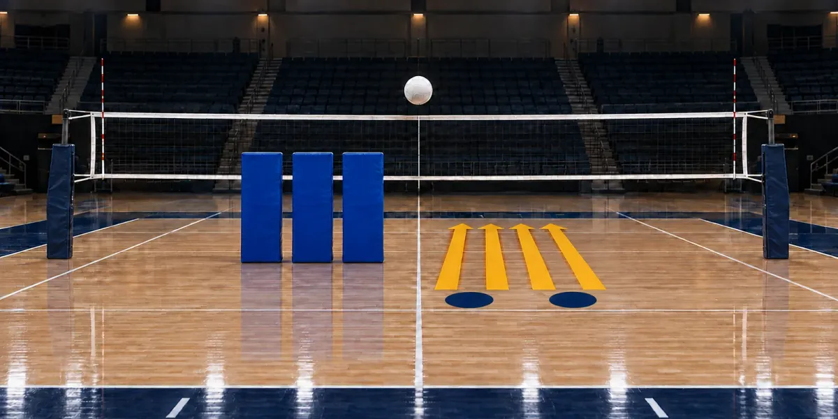 Original editorial image of an empty volleyball court split between BYU blue and West Virginia gold, with three blue blocking pads facing four gold attack paths.